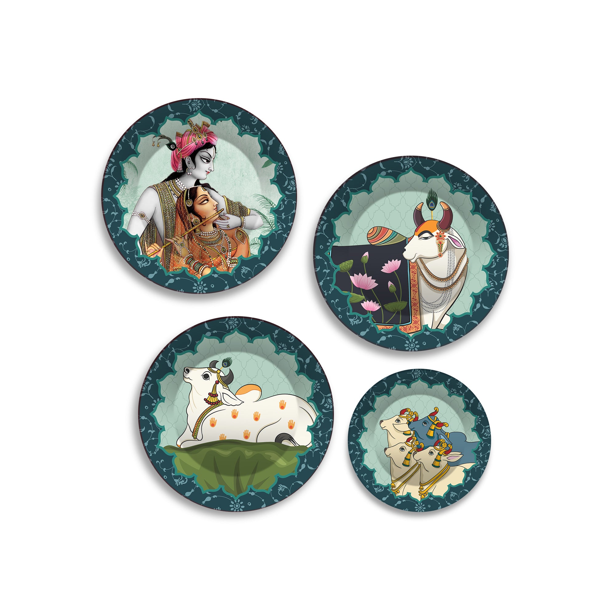 Radha Krishna & Cow Hindu Premium Wall Plates Painting Set of Four