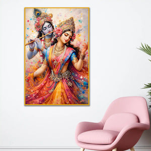 Radha Krishna Dancing in Colors Floating Frame Crystal Wall Painting
