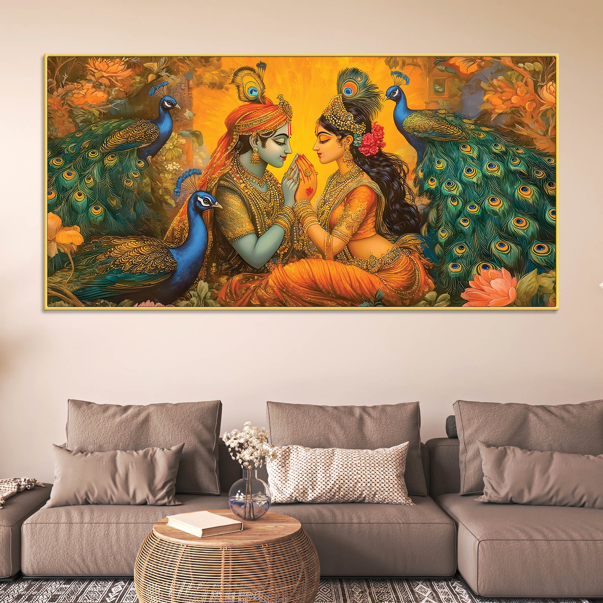 Radha Krishna Divine Peacock Theme Painting