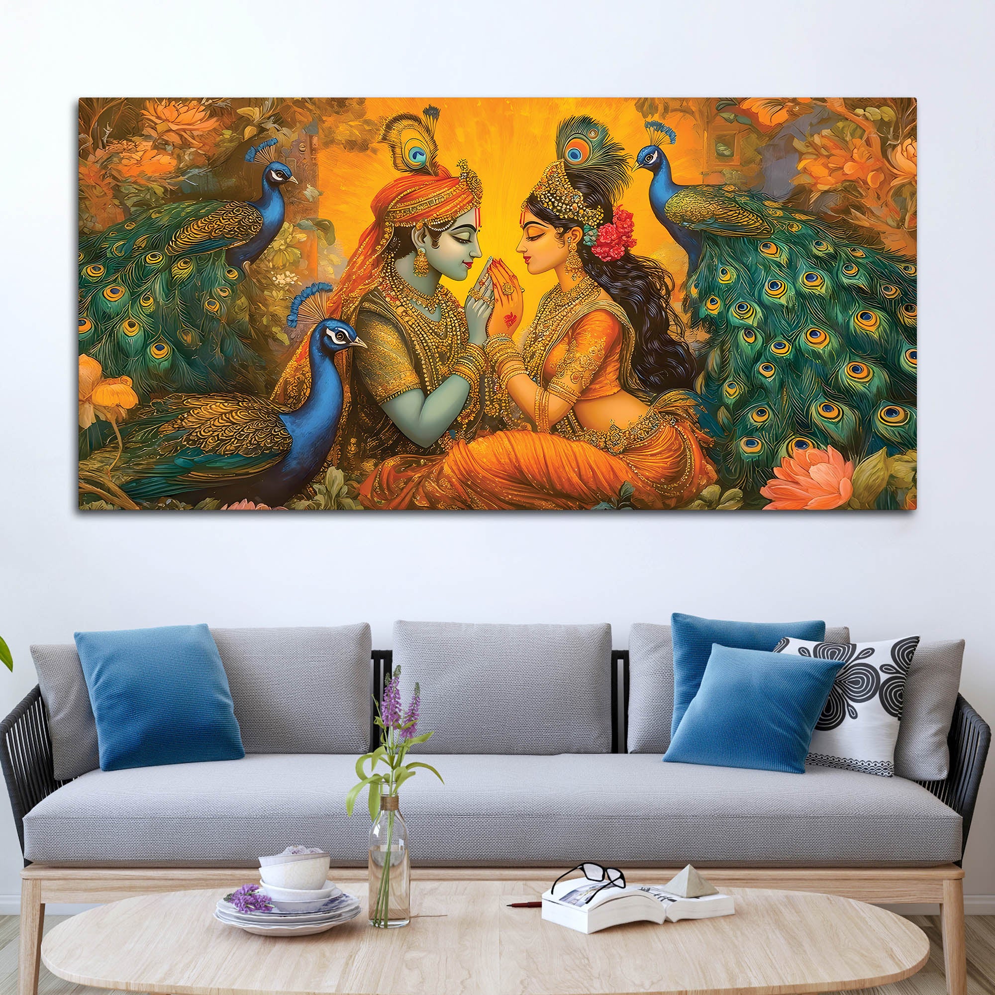 Radha Krishna Divine Peacock Theme Painting