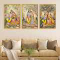 Radha Krishna Floral Canvas Wall Painting Set of Three