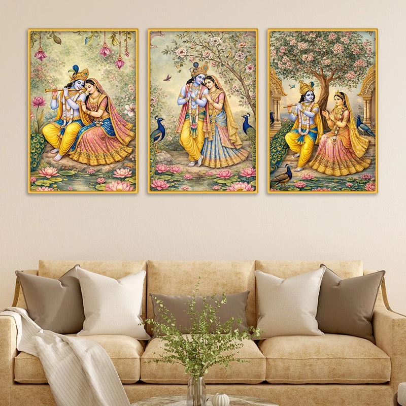 Radha Krishna Floral Canvas Wall Painting Set of Three