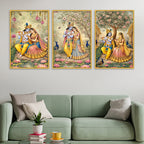 Radha Krishna Floral Canvas Wall Painting Set of Three