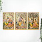 Radha Krishna Floral Canvas Wall Painting Set of Three