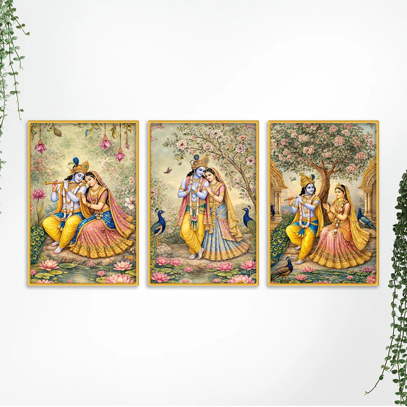 Radha Krishna Floral Canvas Wall Painting Set of Three