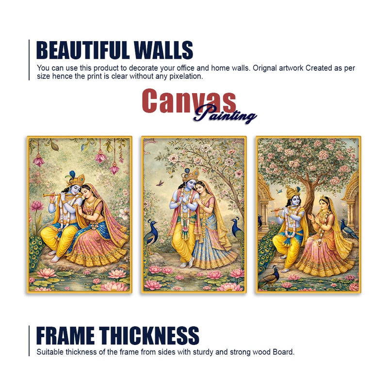 Radha Krishna Floral Canvas Wall Painting Set of Three