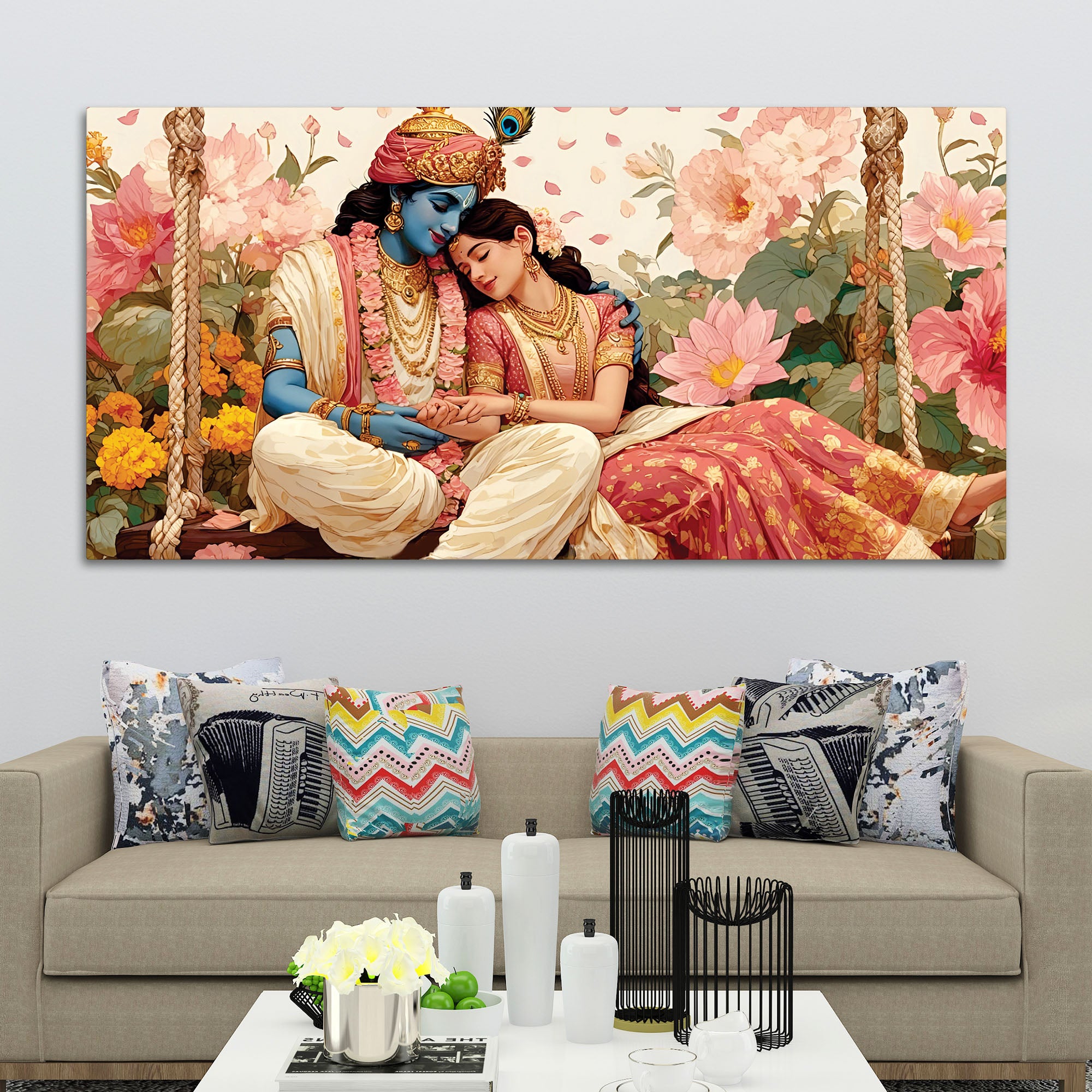 Radha Krishna Floral Garden Premium Wall Painting