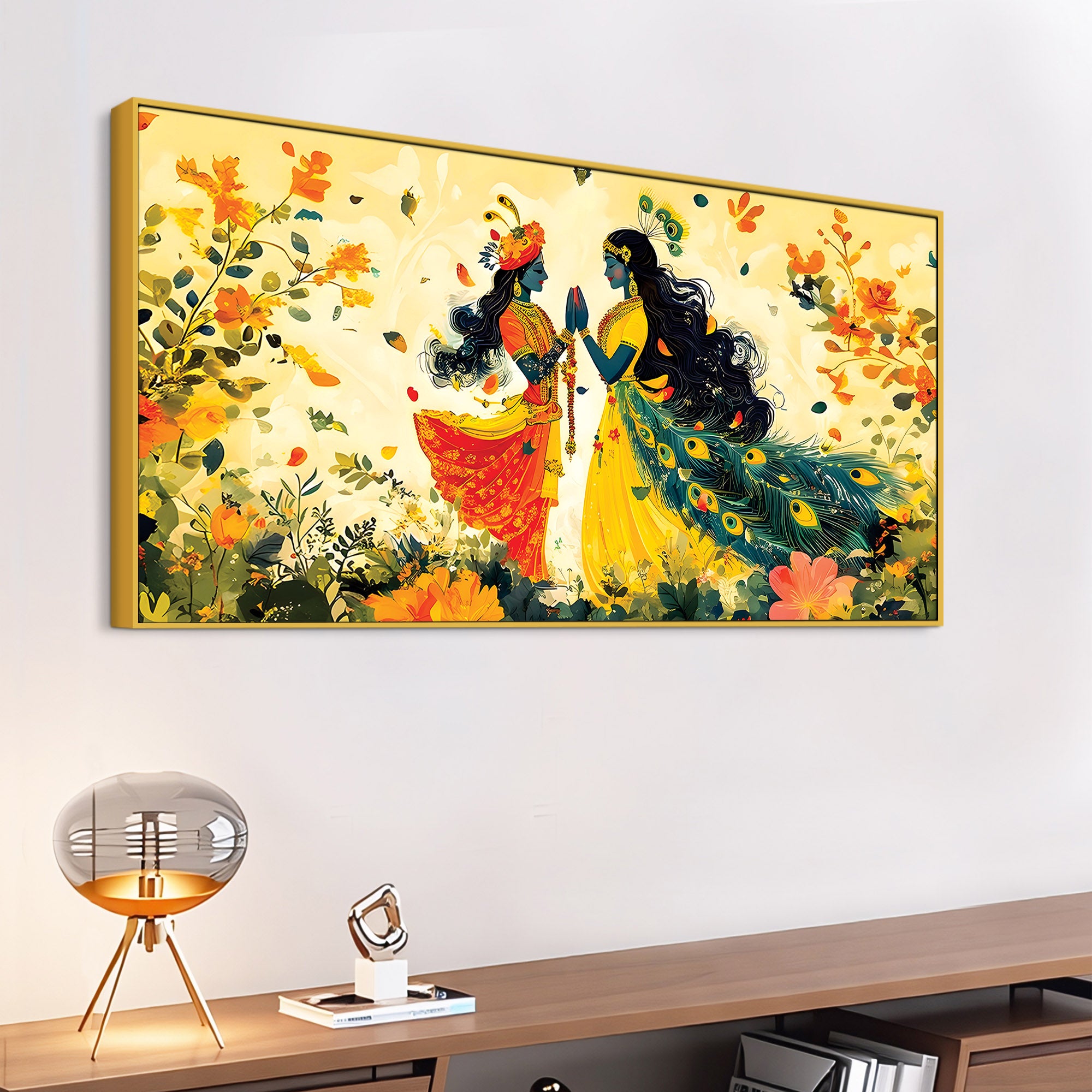 Radha Krishna Floral Spiritual Canvas Wall Painting for Home Decor
