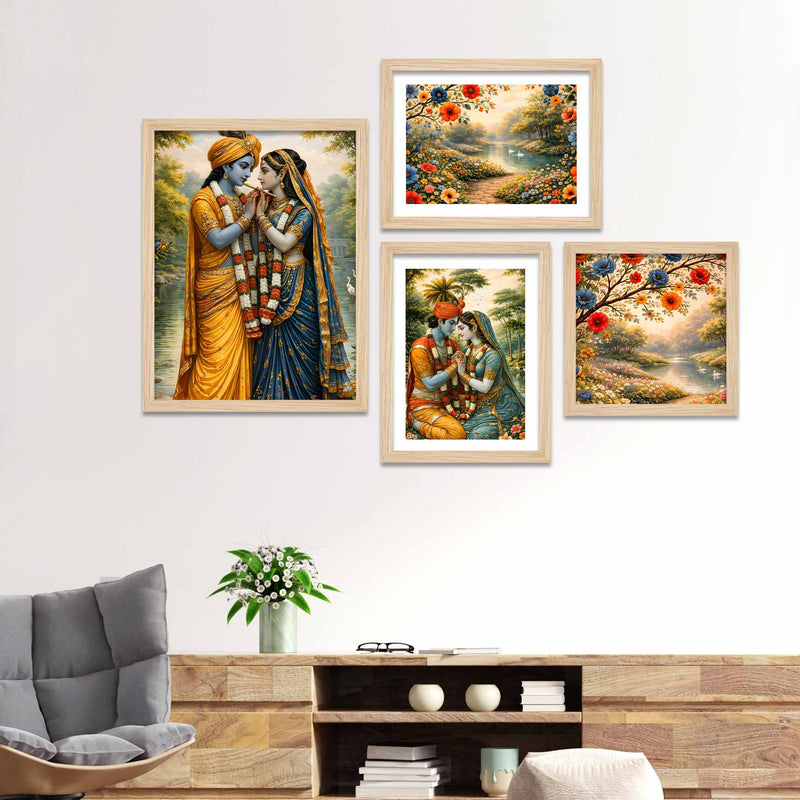 Radha Krishna Garden Theme Wall Frame Set of Four