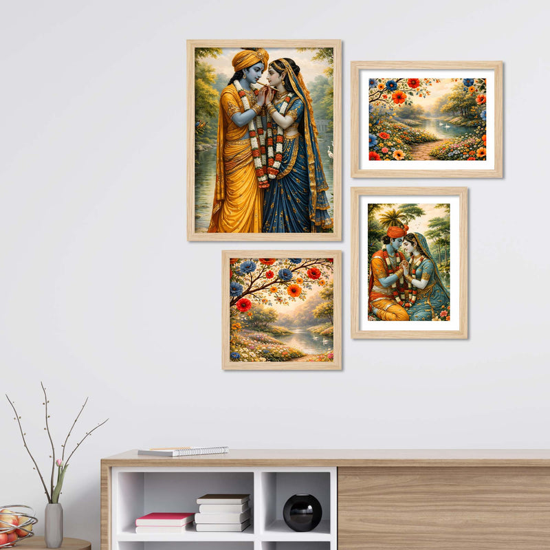 Radha Krishna Garden Theme Wall Frame Set of Four