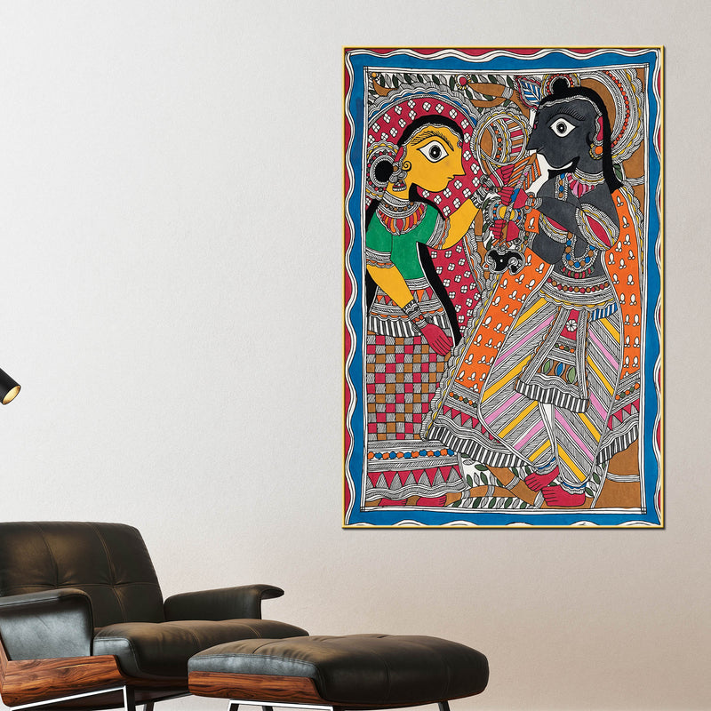 Radha Krishna Madhubani Canvas Wall Painting for Spiritual Home Décor