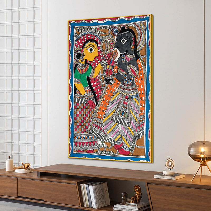 Radha Krishna Madhubani Canvas Wall Painting for Spiritual Home Décor