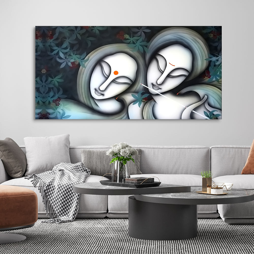 Radha Krishna Modern Grey Textured Canvas Wall Painting