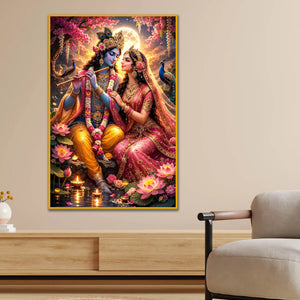 Radha Krishna Moonlit Lotus Garden Floating Frame Crystal Wall Painting