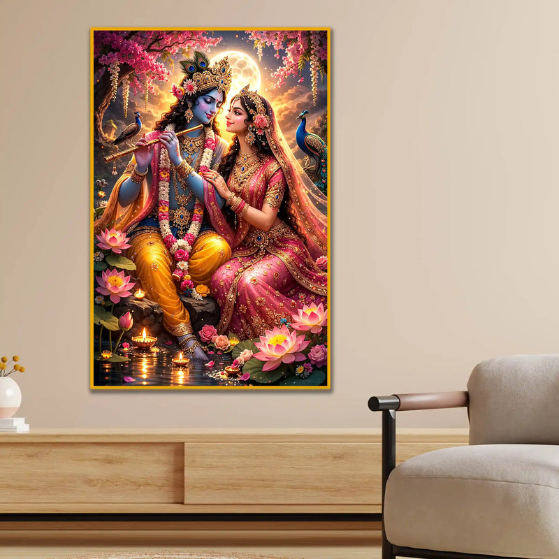 Radha Krishna Moonlit Lotus Garden Floating Frame Crystal Wall Painting
