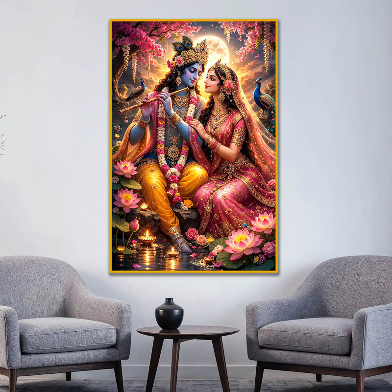 Radha Krishna Moonlit Lotus Garden Floating Frame Crystal Wall Painting