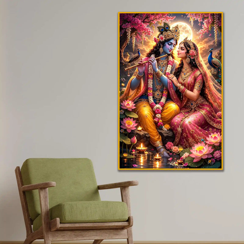Radha Krishna Moonlit Lotus Garden Floating Frame Crystal Wall Painting