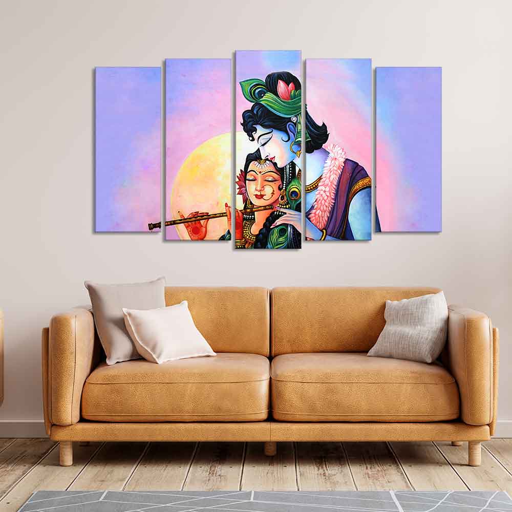 Radha Krishna Playing Flute Canvas Wall Painting Set of Five Panels