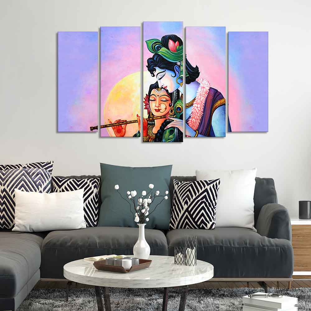 Radha Krishna Playing Flute Canvas Wall Painting Set of Five Panels