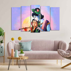 Radha Krishna Playing Flute Canvas Wall Painting Set of Five Panels