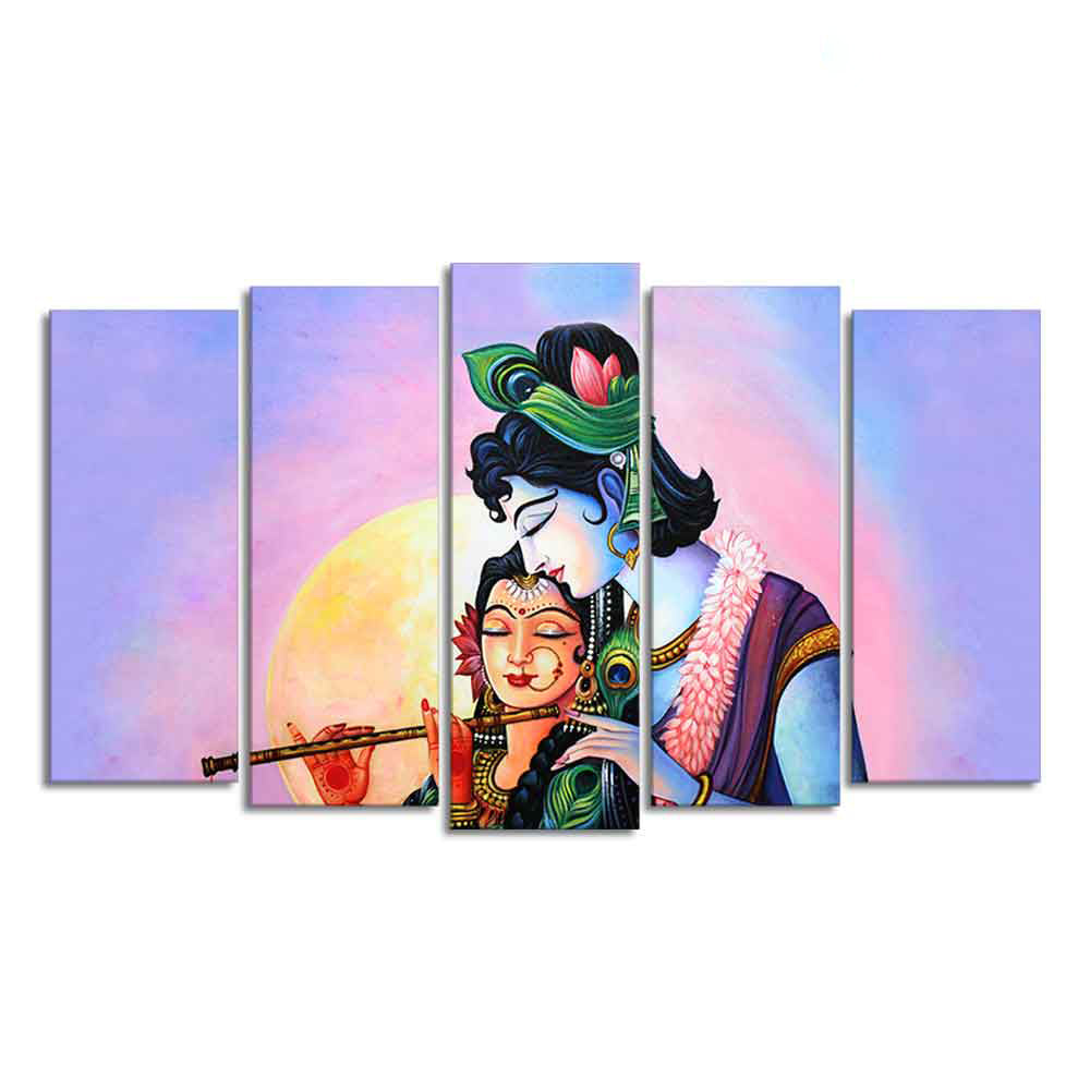 Radha Krishna Playing Flute Canvas Wall Painting Set of Five Panels