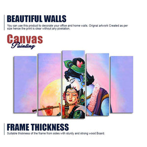 Radha Krishna Playing Flute Canvas Wall Painting Set of Five Panels