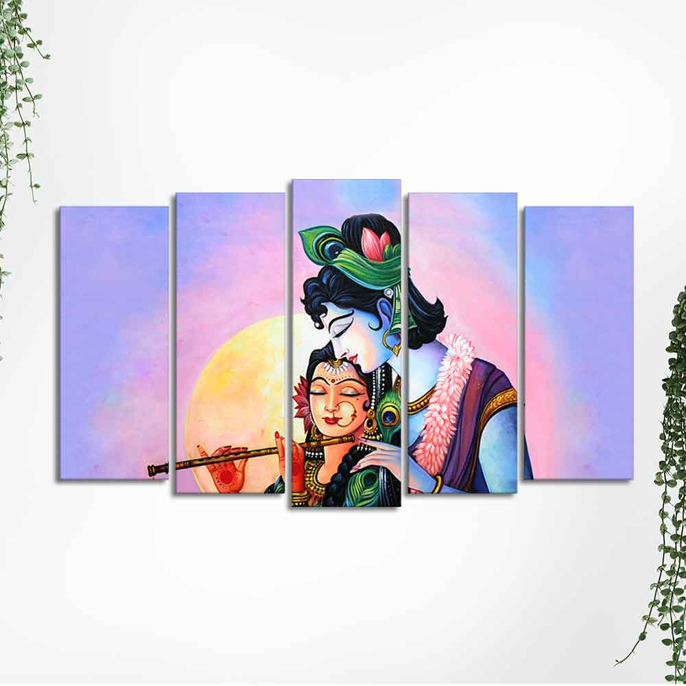 Radha Krishna Playing Flute Canvas Wall Painting Set of Five Panels