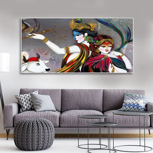 Radha Krishna Playing with Flute Canvas Wall Painting