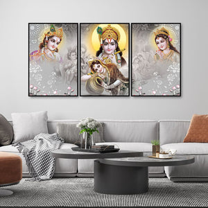 Radha Krishna Premium Floating Canvas Wall Painting Set of Three