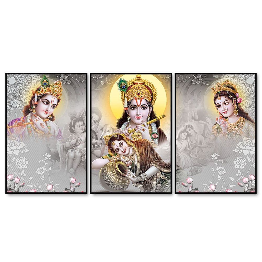 Radha Krishna Premium Floating Canvas Wall Painting Set of Three