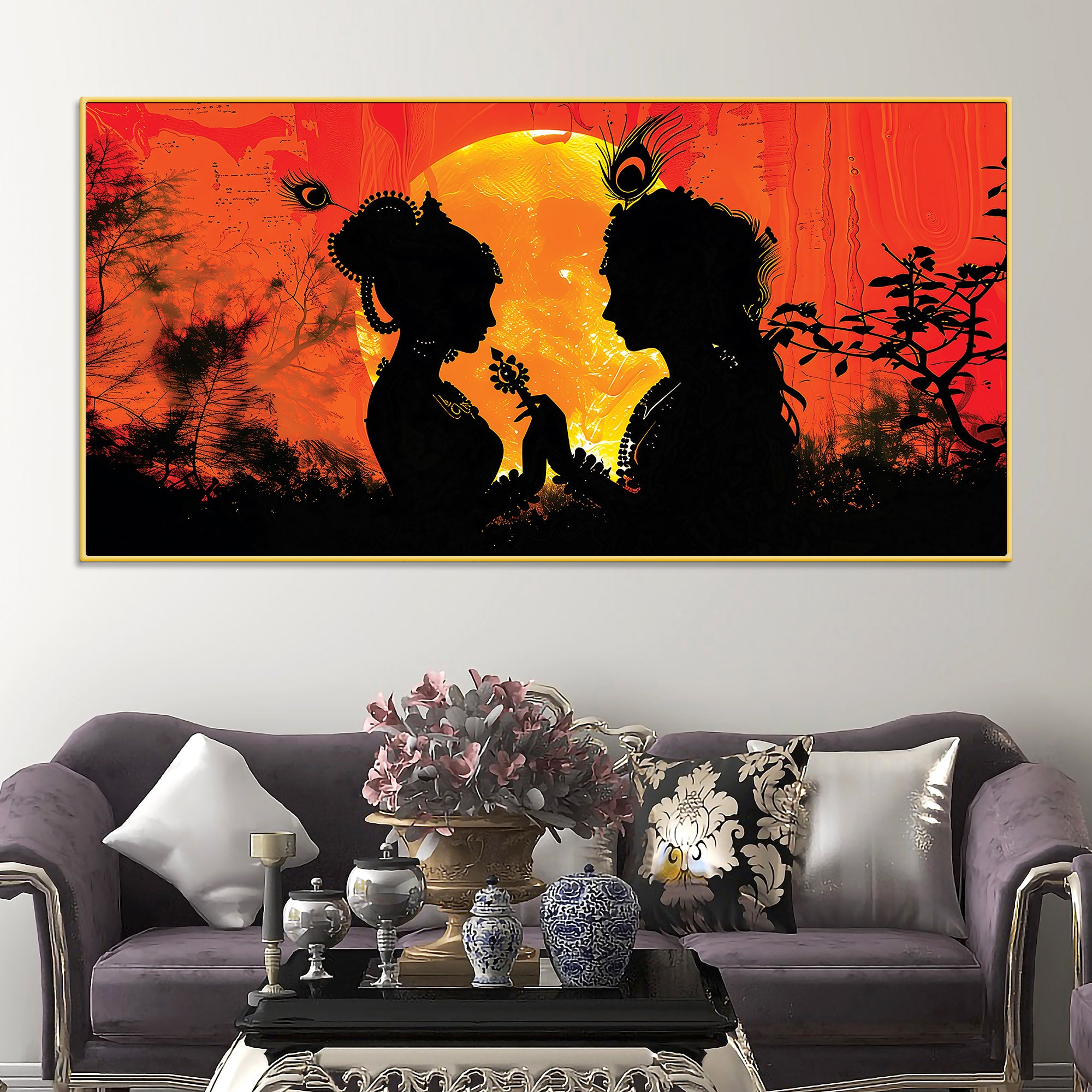 Radha Krishna Sunset Silhouette Devotional Painting