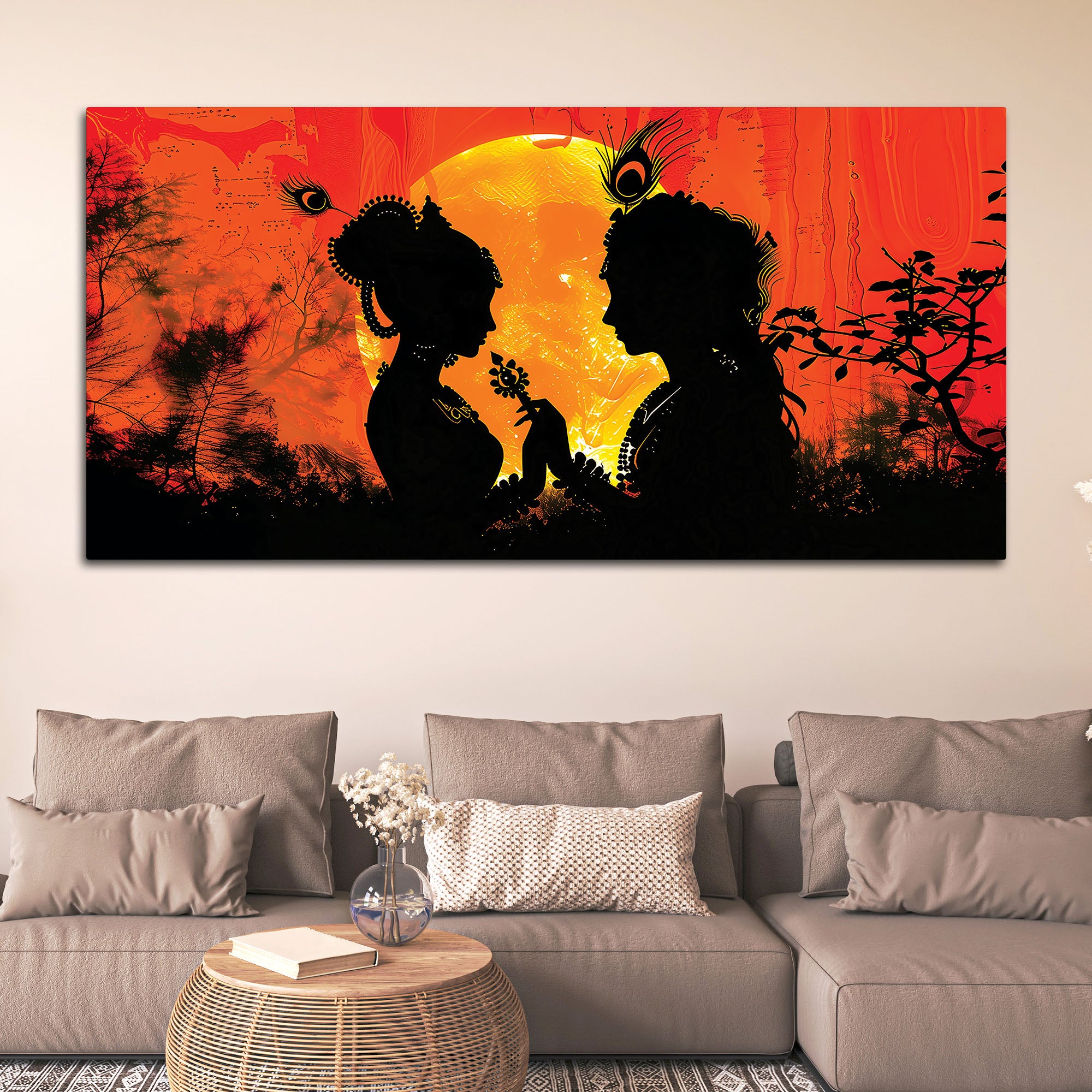 Radha Krishna Sunset Silhouette Devotional Painting