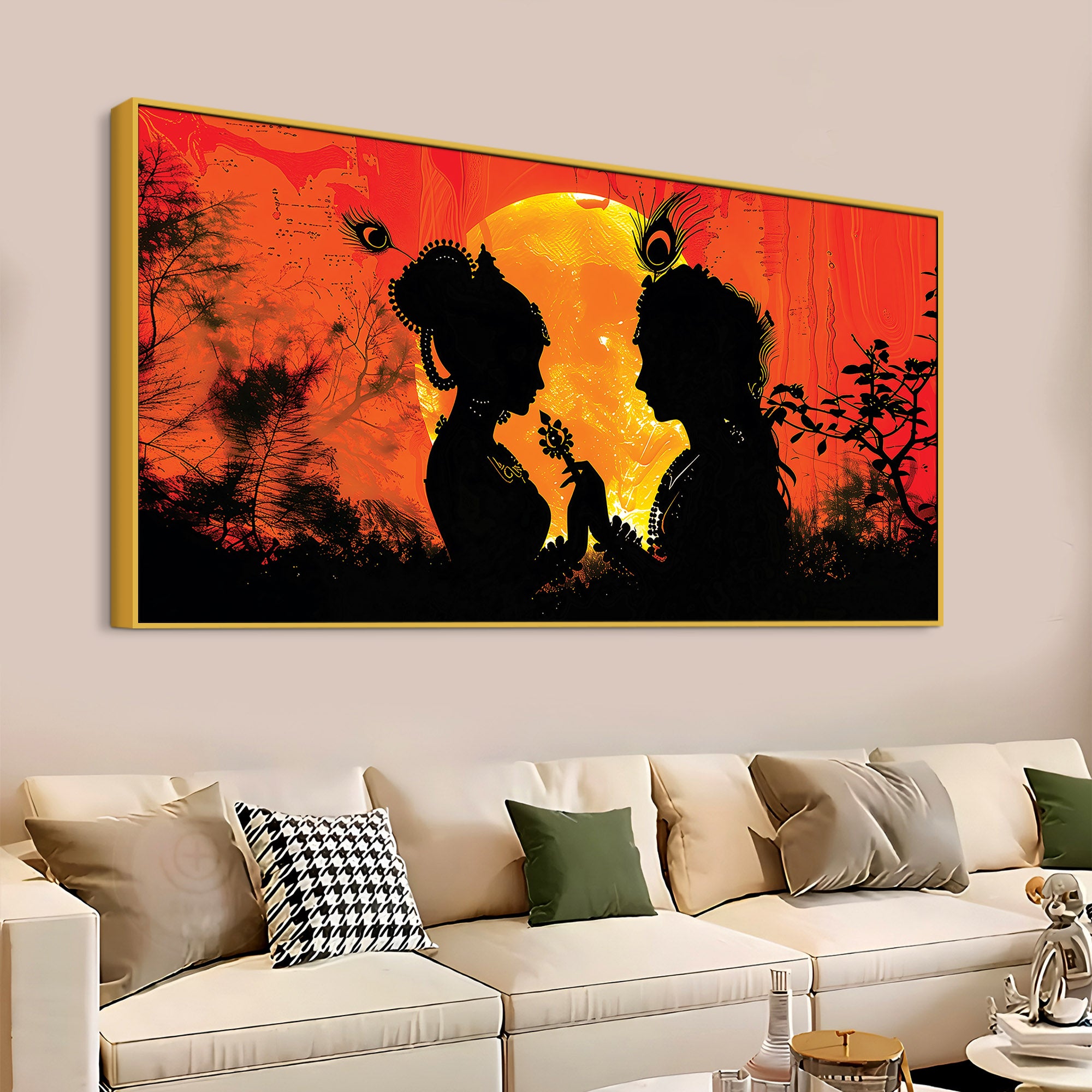 Radha Krishna Sunset Silhouette Devotional Painting