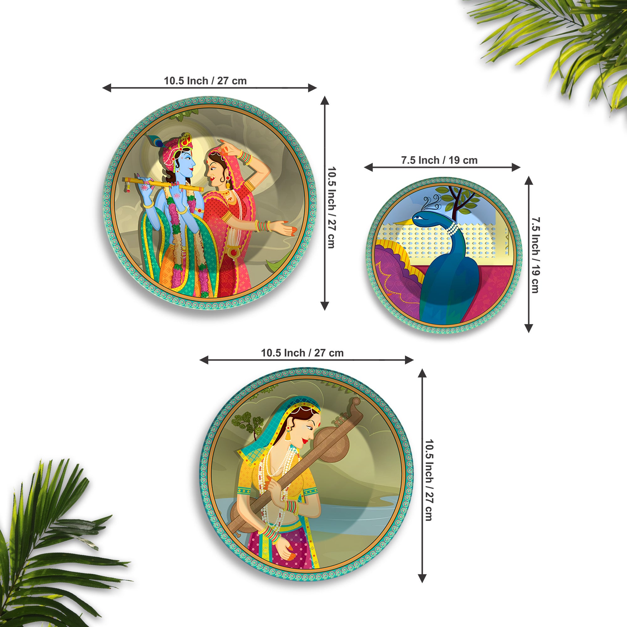 Radha Krishna & Veena Melodies Premium Wall Plates Painting Set of 3