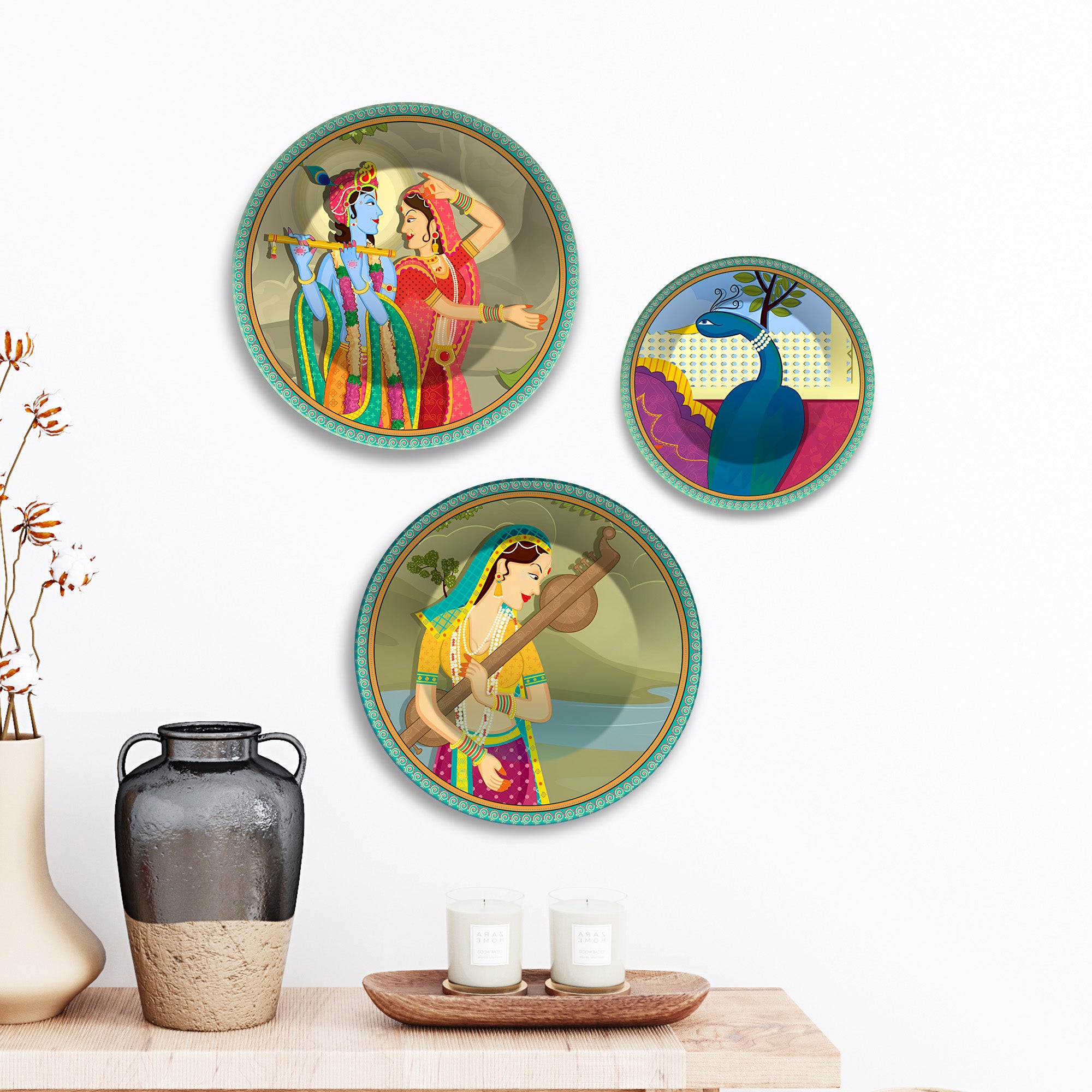 Radha Krishna & Veena Melodies Premium Wall Plates Painting Set of 3