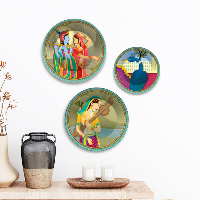 Radha Krishna & Veena Melodies Premium Wall Plates Painting Set of 3