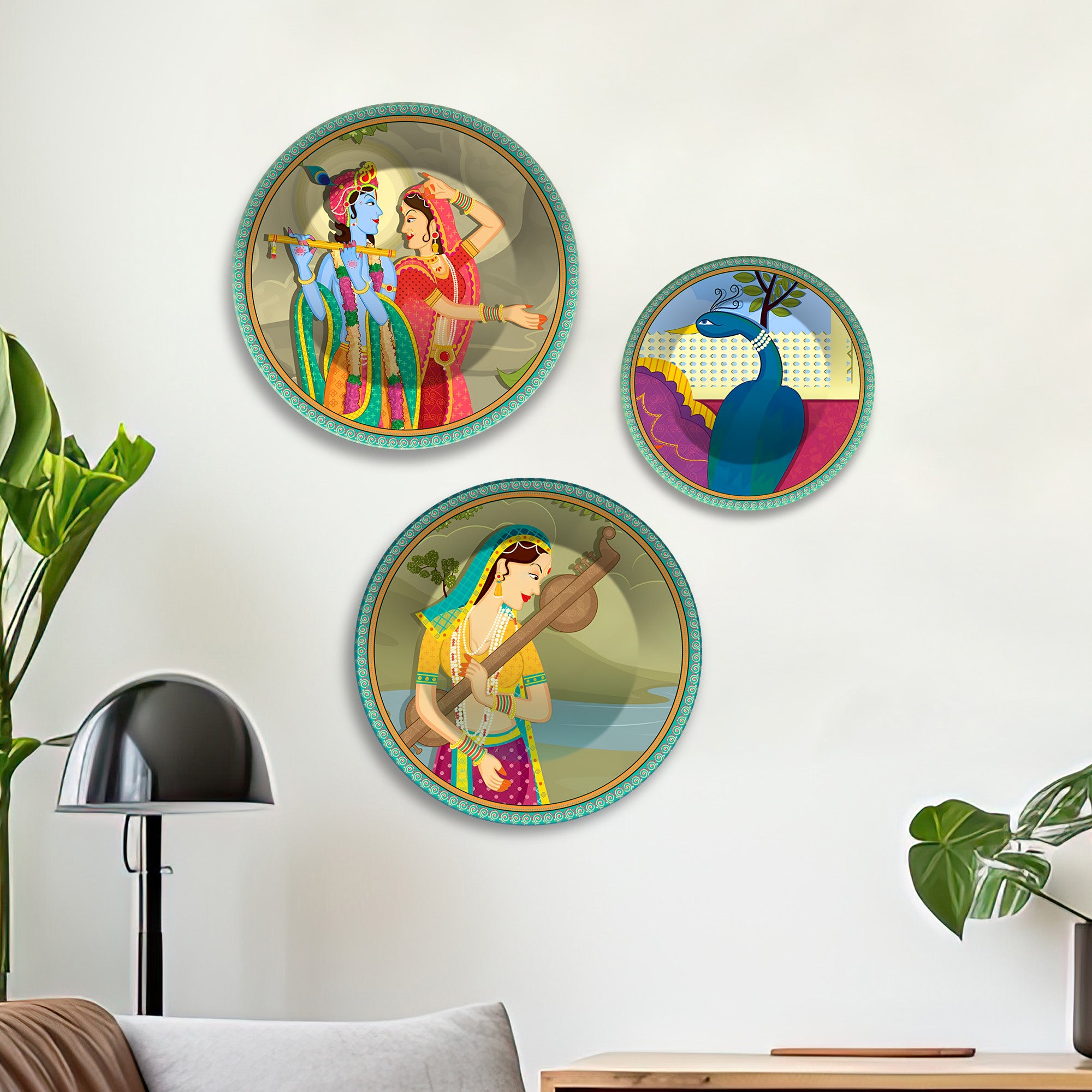 Radha Krishna & Veena Melodies Premium Wall Plates Painting Set of 3