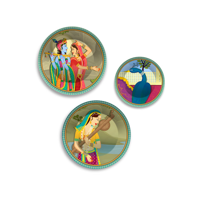 Radha Krishna & Veena Melodies Premium Wall Plates Painting Set of 3