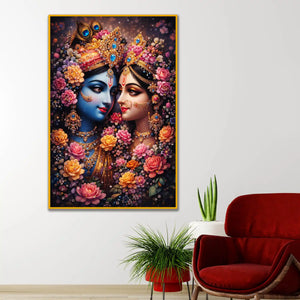Radha Krishna Wall Art with Flowers Floating Frame Crystal Wall Painting