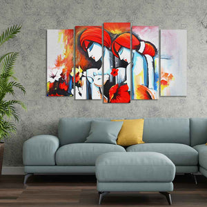 Radha Krishna Wall Painting Canvas of Five Panels