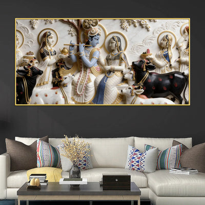 Radha Krishna with Sacred Cows 3D Canvas Wall Painting