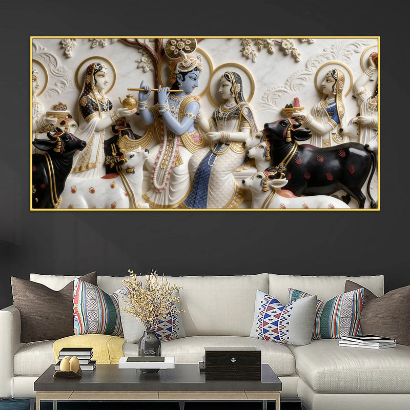 Radha Krishna with Sacred Cows 3D Canvas Wall Painting