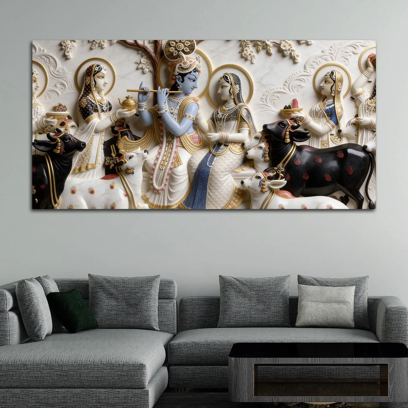 Radha Krishna with Sacred Cows 3D Canvas Wall Painting