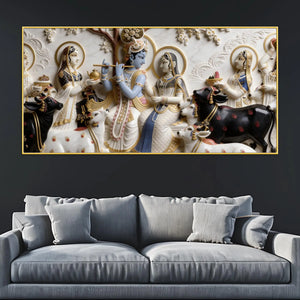 Radha Krishna with Sacred Cows 3D Canvas Wall Painting
