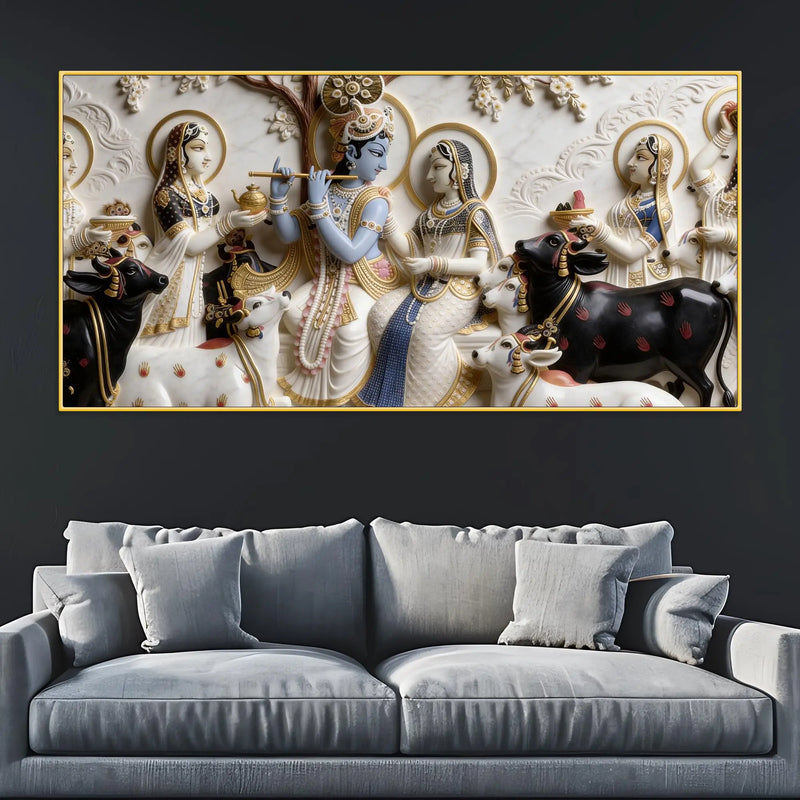 Radha Krishna with Sacred Cows 3D Canvas Wall Painting