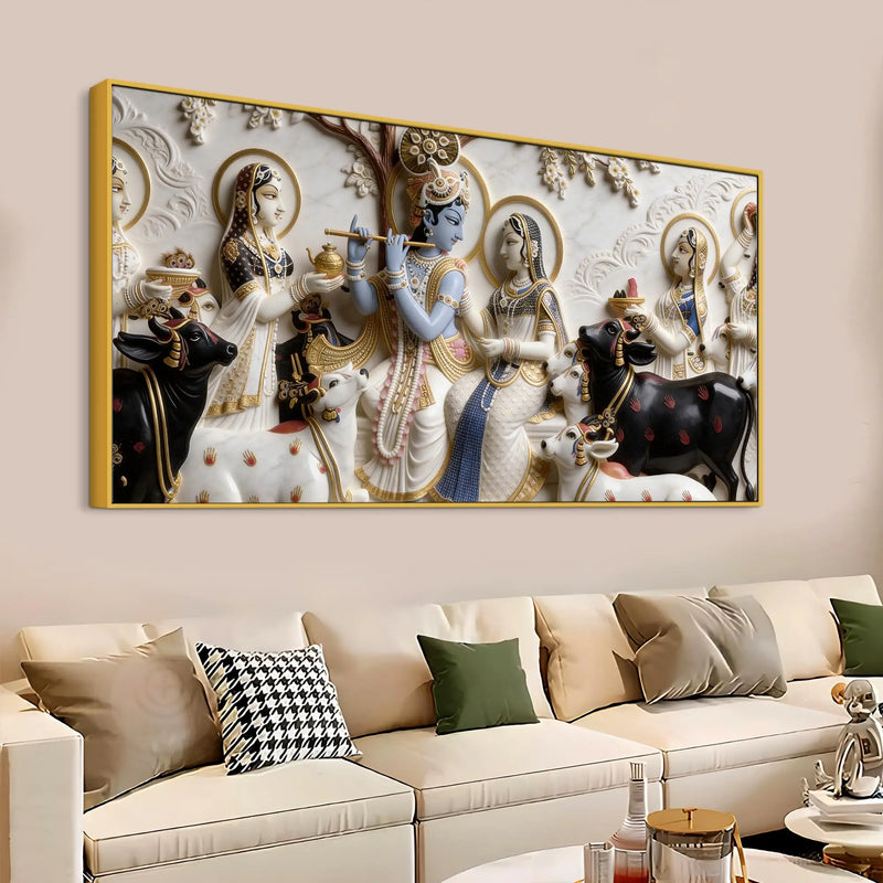 Radha Krishna with Sacred Cows 3D Canvas Wall Painting