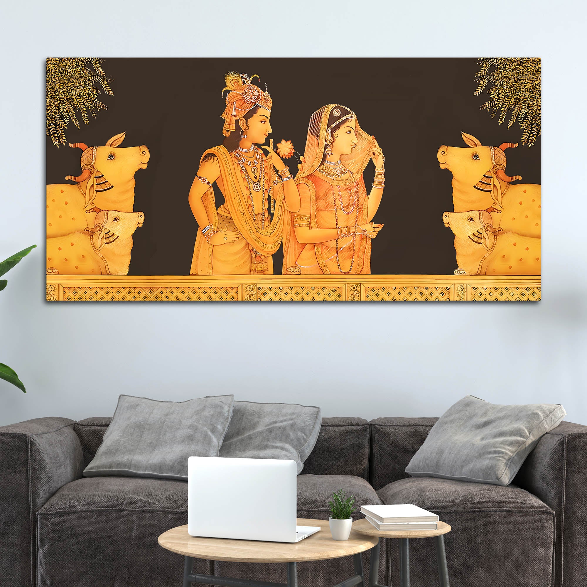 Radha Krishna with Sacred Cows Pichwai Canvas Painting – Spiritual Home Decor