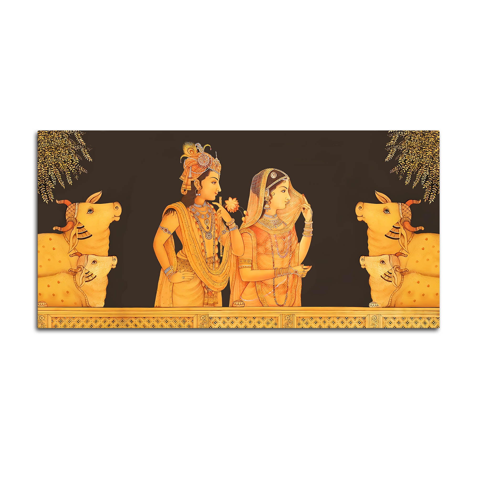 Radha Krishna with Sacred Cows Pichwai Canvas Painting – Spiritual Home Decor