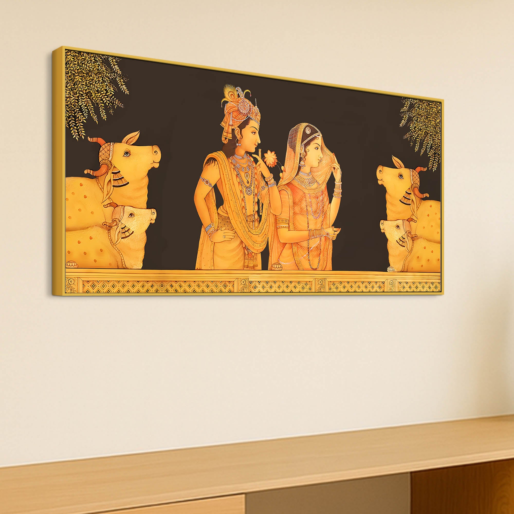 Radha Krishna with Sacred Cows Pichwai Canvas Painting – Spiritual Home Decor