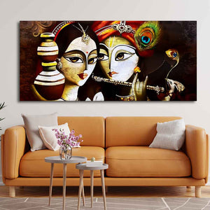 Radha Krishna With Flute Large Canvas Wall Painting